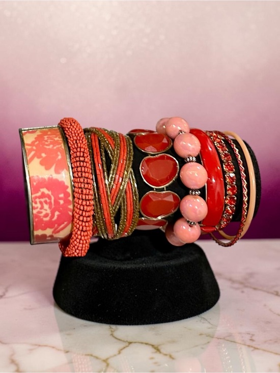 Signature Faith Jewelry - Boho Beaded Stackable Bracelet Set Red Coral Pink Floral Cuff Bangle Lot